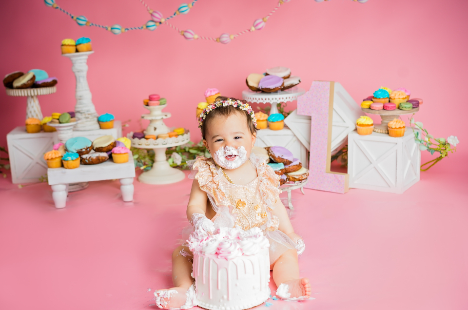 Baby Girl on Pink Milestone Cake Smash with Sweets